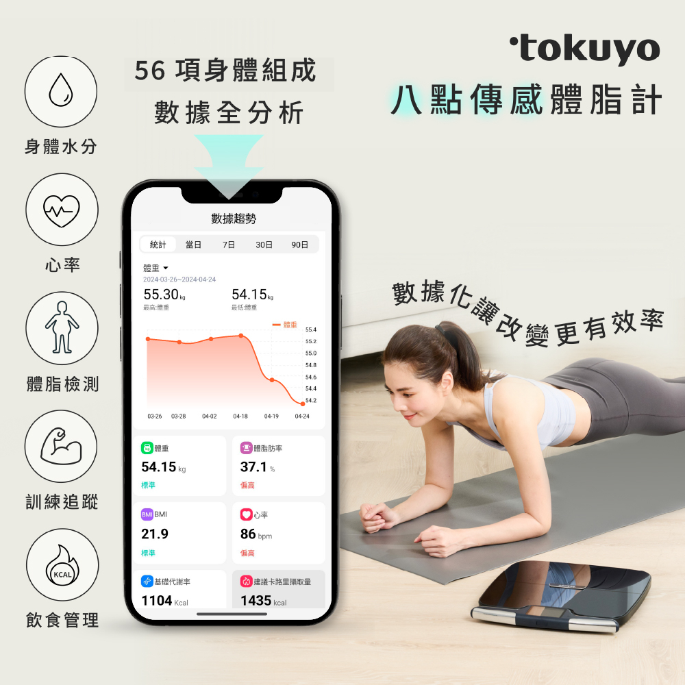 嘖嘖| tokuyo 八點傳感體脂計｜56項身體組成分析+支援多位成員數據